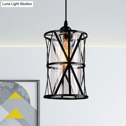 Antique Black Cylinder Pendant Light with Clear Glass/Fabric Shade - Elegant Living Room Ceiling Fixture with Plug and Iron Frame