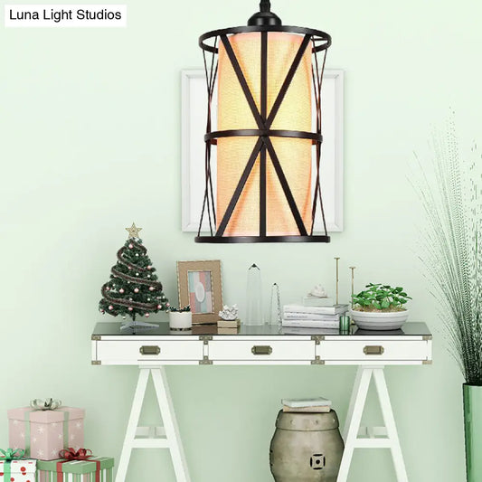 Lámpara colgante cilíndrica negra antigua con pantalla de cristal transparente/tela - Elegante lámpara de techo para salón con enchufe y estructura de hierro