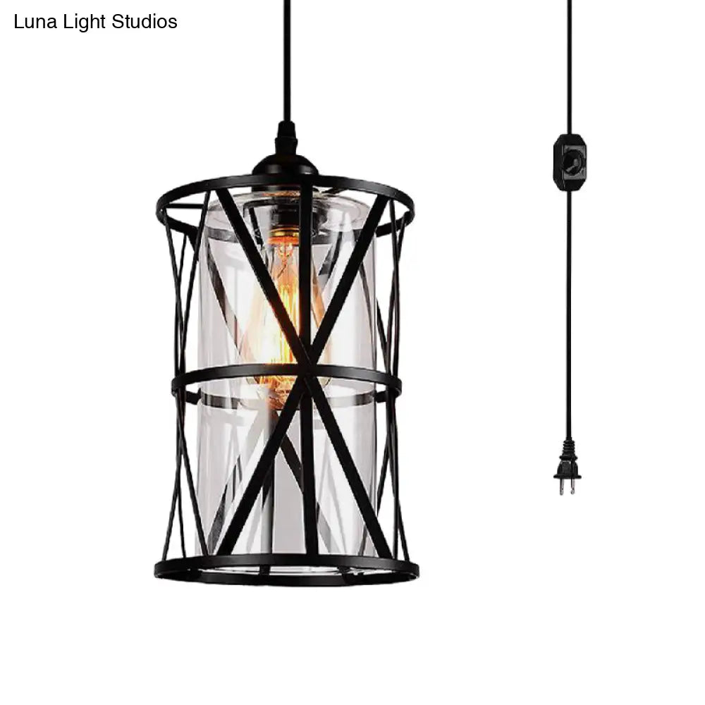 Antique Black Cylinder Pendant Light with Clear Glass/Fabric Shade - Elegant Living Room Ceiling Fixture with Plug and Iron Frame