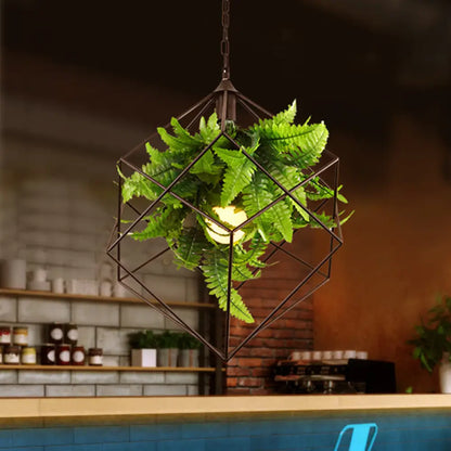 Antique Black Geometric Pendant Lamp with Plant and LED Down Lighting - 16.5"/19.5" W