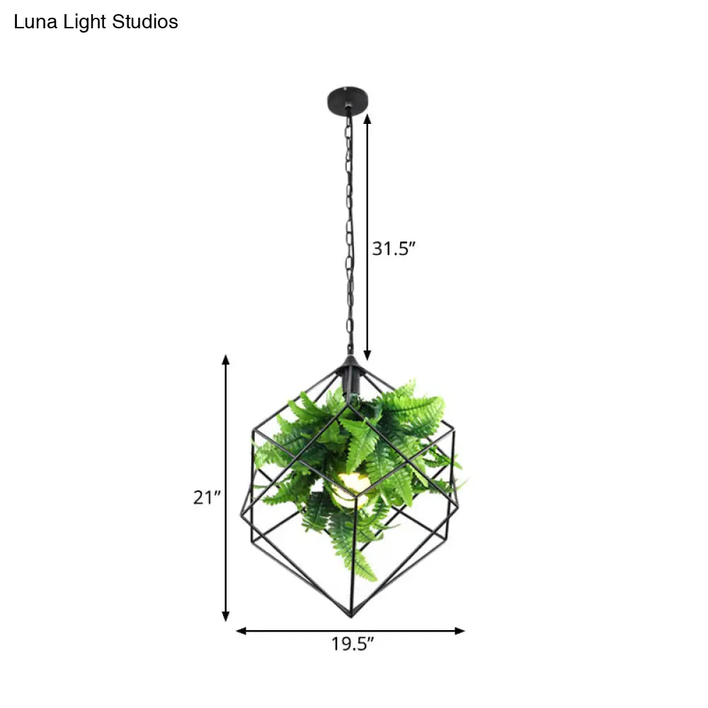 Antique Black Geometric Pendant Lamp with Plant and LED Down Lighting - 16.5"/19.5" W