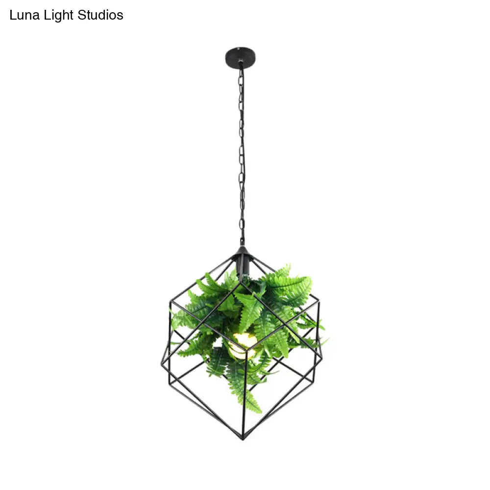 Antique Black Geometric Pendant Lamp with Plant and LED Down Lighting - 16.5"/19.5" W