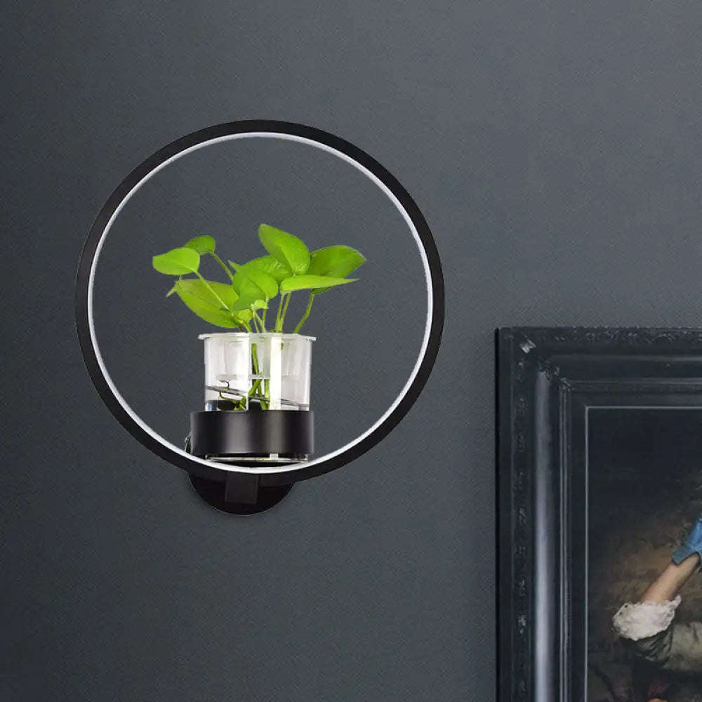 Aplique de pared antiguo de metal negro/gris/blanco para dormitorio - Diseño circular con maceta