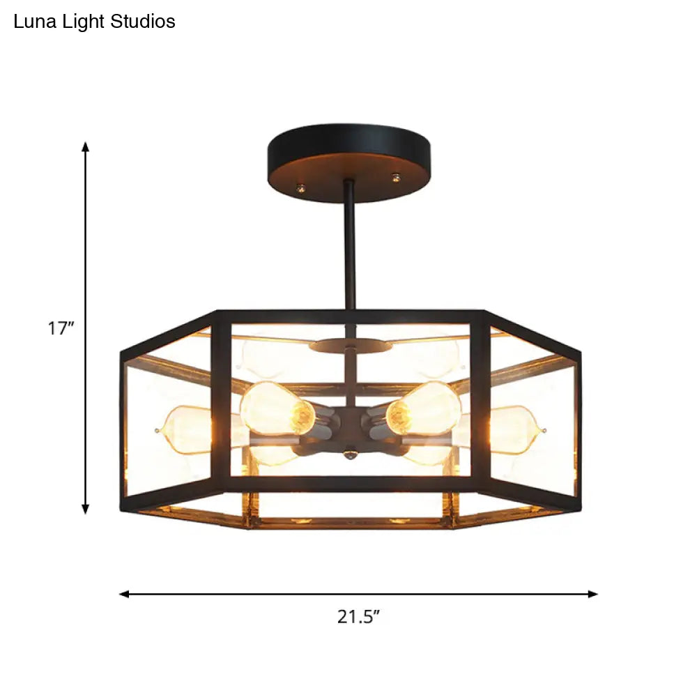 Lámpara de techo semiempotrada hexagonal negra antigua DecorBites™ - 6 luces, cristal transparente, para colocar cerca del techo