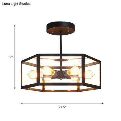 Lámpara de techo semiempotrada hexagonal negra antigua DecorBites™ - 6 luces, cristal transparente, para colocar cerca del techo