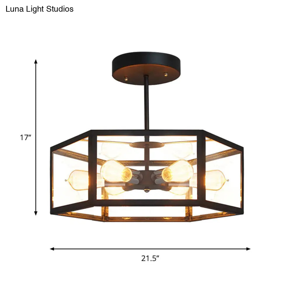 Lámpara de techo semiempotrada hexagonal negra antigua DecorBites™ - 6 luces, cristal transparente, para colocar cerca del techo