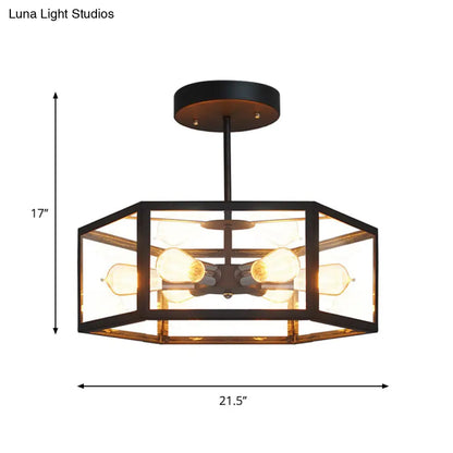 Lámpara de techo semiempotrada hexagonal negra antigua DecorBites™ - 6 luces, cristal transparente, para colocar cerca del techo