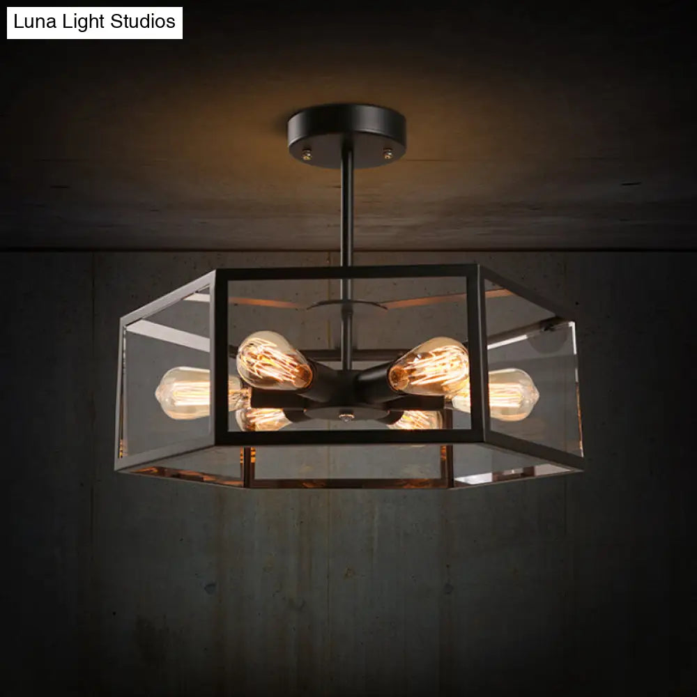 Lámpara de techo semiempotrada hexagonal negra antigua DecorBites™ - 6 luces, cristal transparente, para colocar cerca del techo