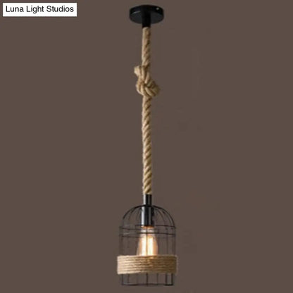 Antique Black Iron Pendant Light with Dangling Rope - Ideal for Restaurants and Hanging in Birdcages