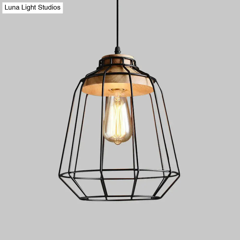 Lámpara colgante antigua de hierro negro con parte superior de madera - Lámpara colgante rústica, 1 luz