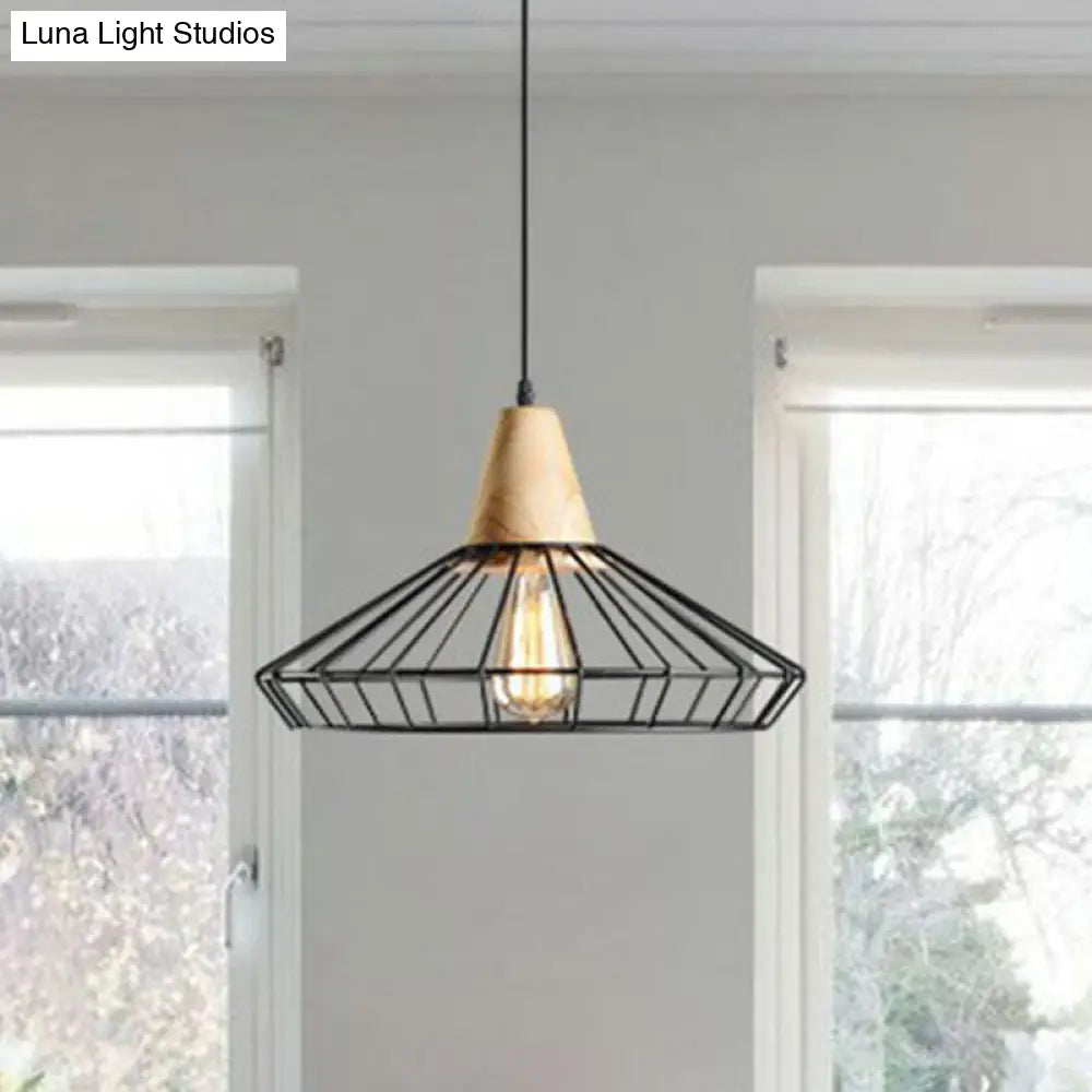 Antique Black Iron Pendant Light with Wooden Top - Rustic Hanging Fixture, 1-Light