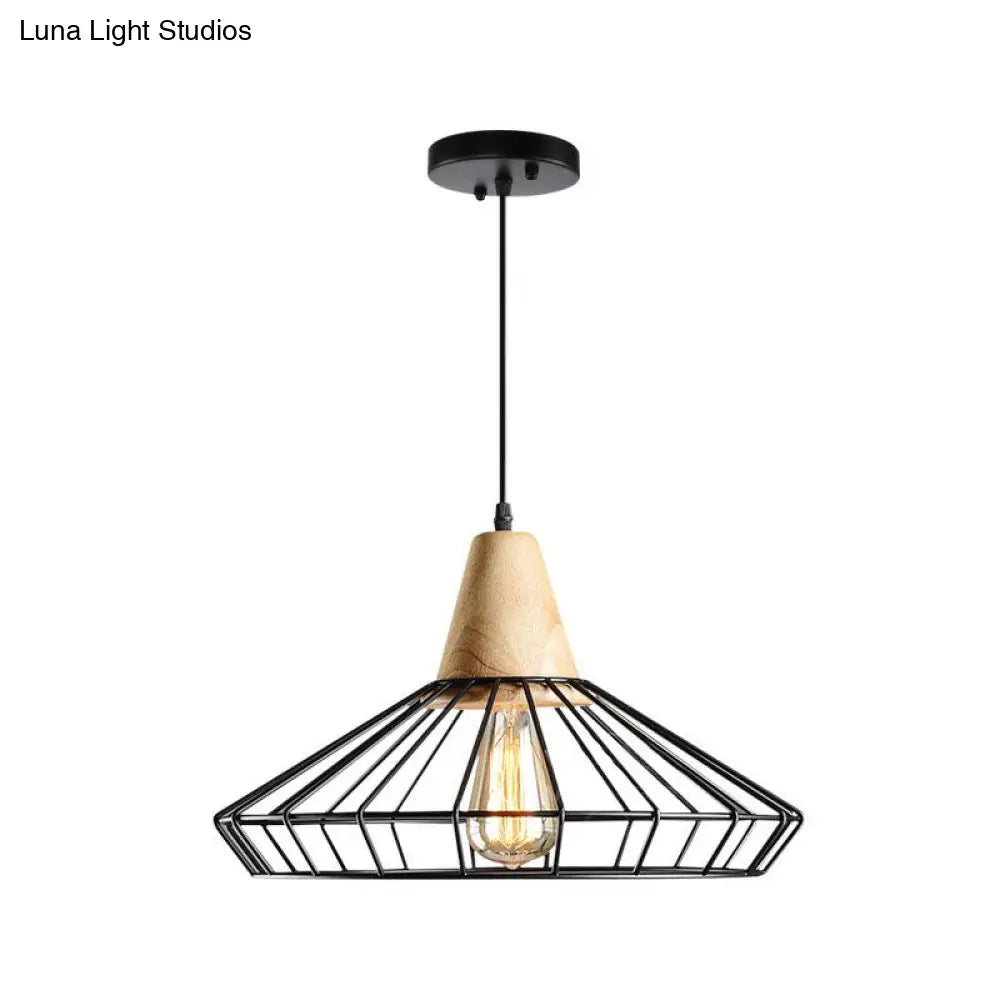 Lámpara colgante antigua de hierro negro con parte superior de madera - Lámpara colgante rústica, 1 luz