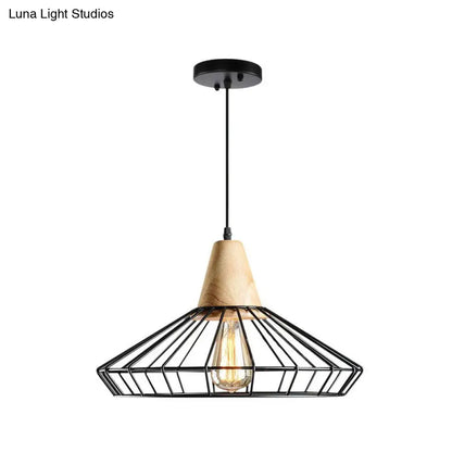 Lámpara colgante antigua de hierro negro con parte superior de madera - Lámpara colgante rústica, 1 luz