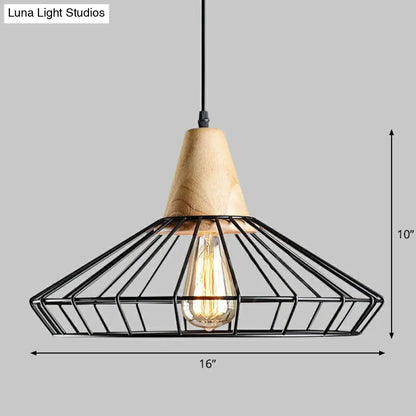 Lámpara colgante antigua de hierro negro con parte superior de madera - Lámpara colgante rústica, 1 luz