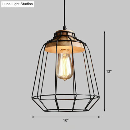 Lámpara colgante antigua de hierro negro con parte superior de madera - Lámpara colgante rústica, 1 luz