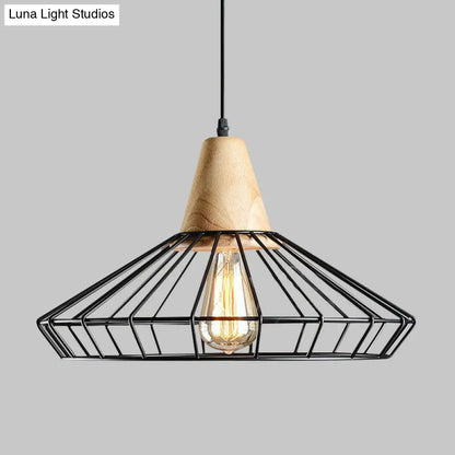 Antique Black Iron Pendant Light with Wooden Top - Rustic Hanging Fixture, 1-Light