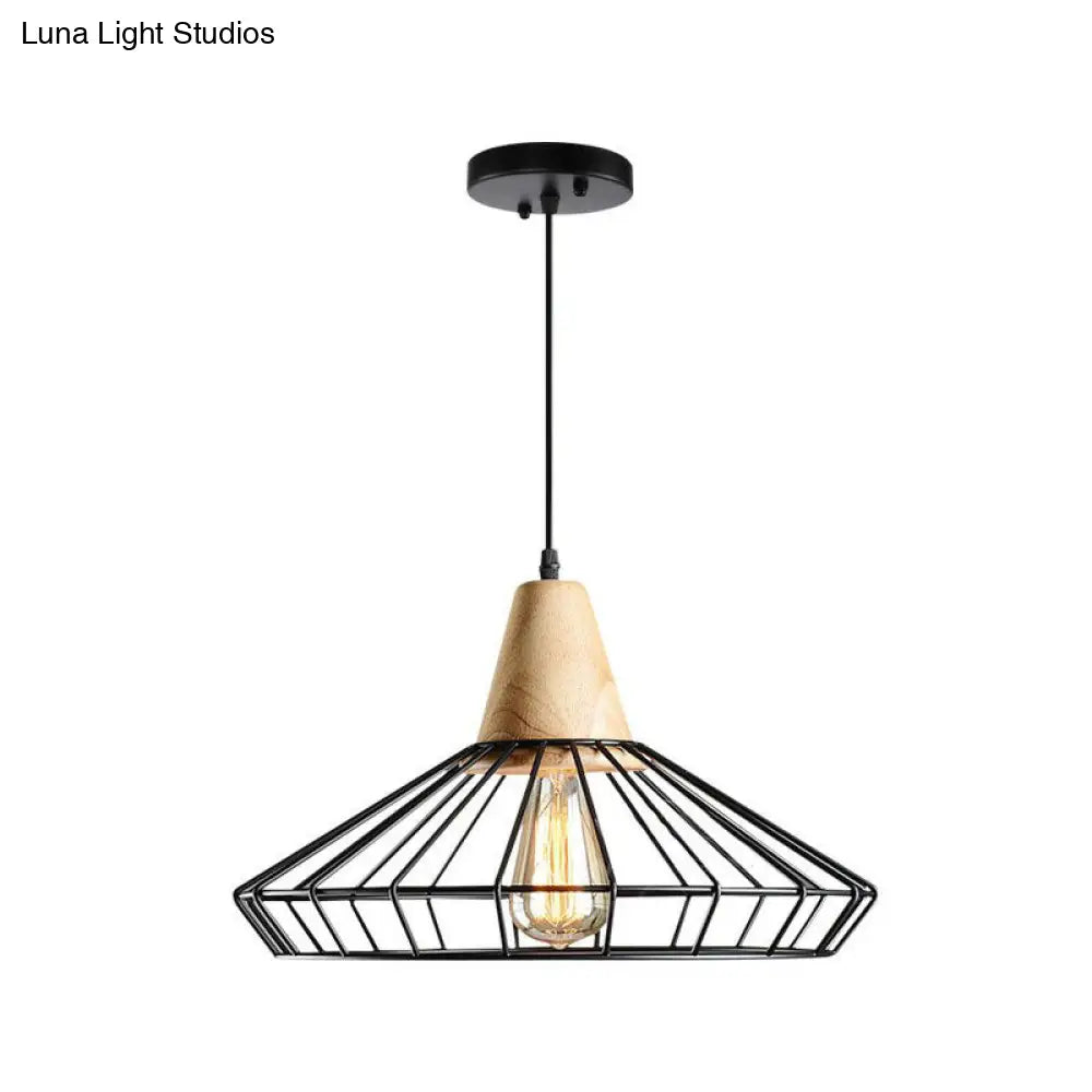 Lámpara colgante antigua de hierro negro con parte superior de madera - Lámpara colgante rústica, 1 luz