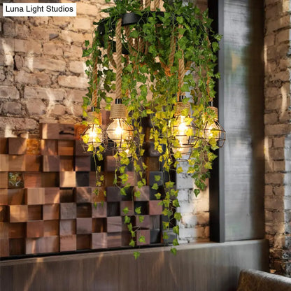 Lámpara de araña antigua de metal negro con 6 bombillas LED, diseño expuesto y decoración para plantas