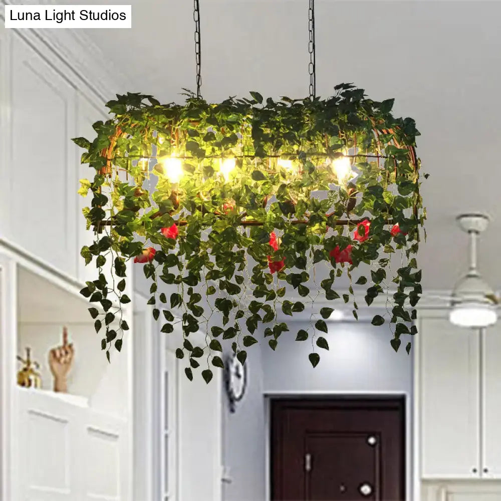 Decorbites antique black metal island chandelier with 4 birdcage-style heads and artificial vines for restaurants