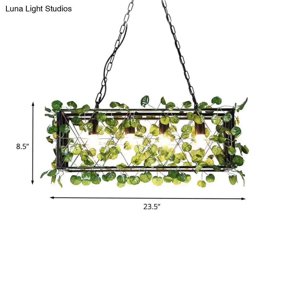 Decorbites metal island pendant in antique black rectangular metal island with LED lighting and green ivy decor
