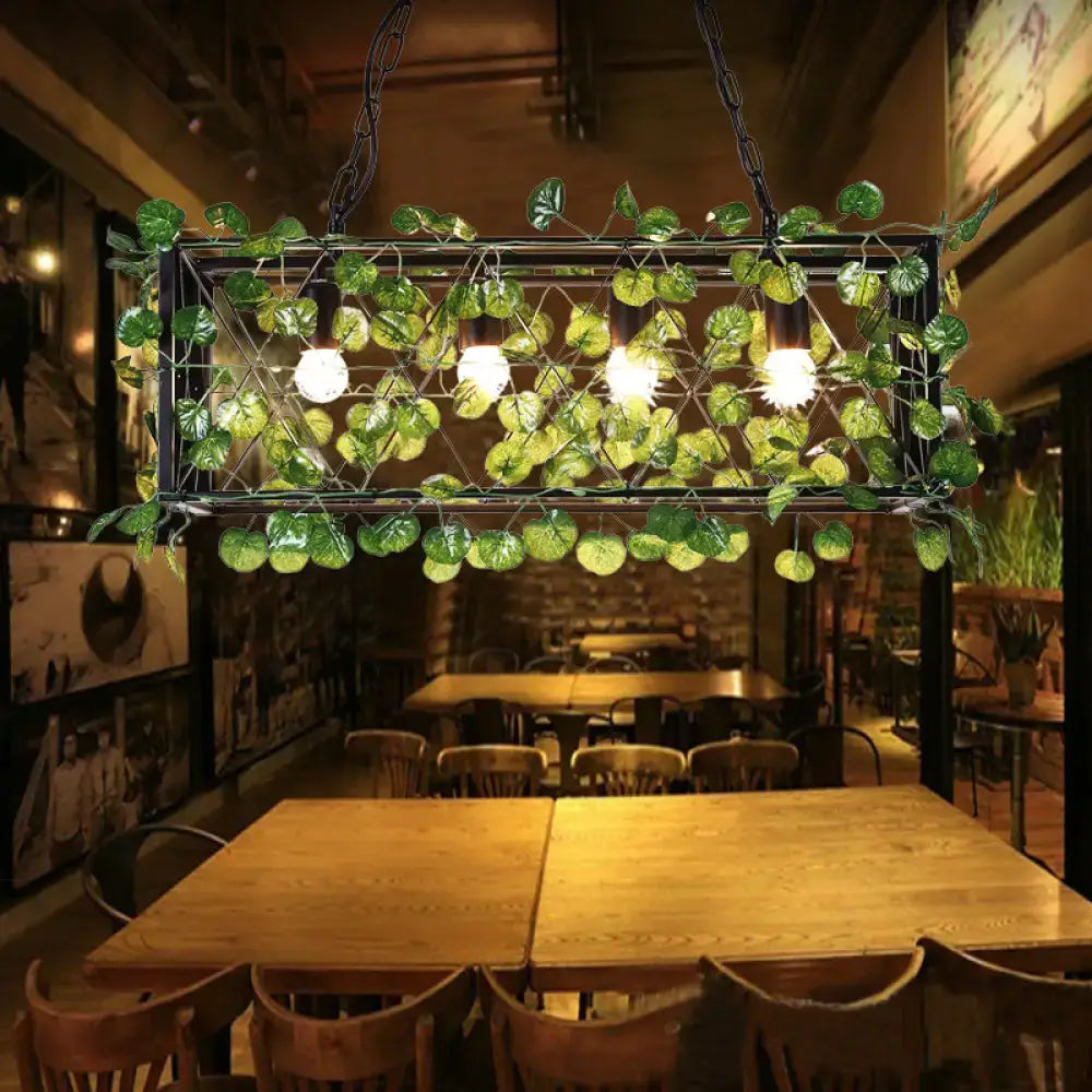 Green leafy pendant light fixture with black metal frame and chain in DecorBites™ metal island pendant antique black rectangle