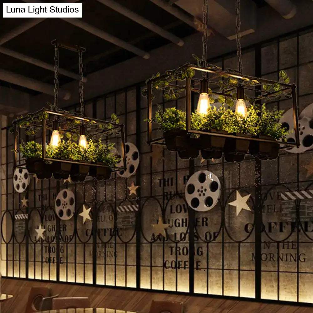 DecorBites™ antique black metal island pendant with 2 heads, LED down lighting, industrial style, and planter greenery