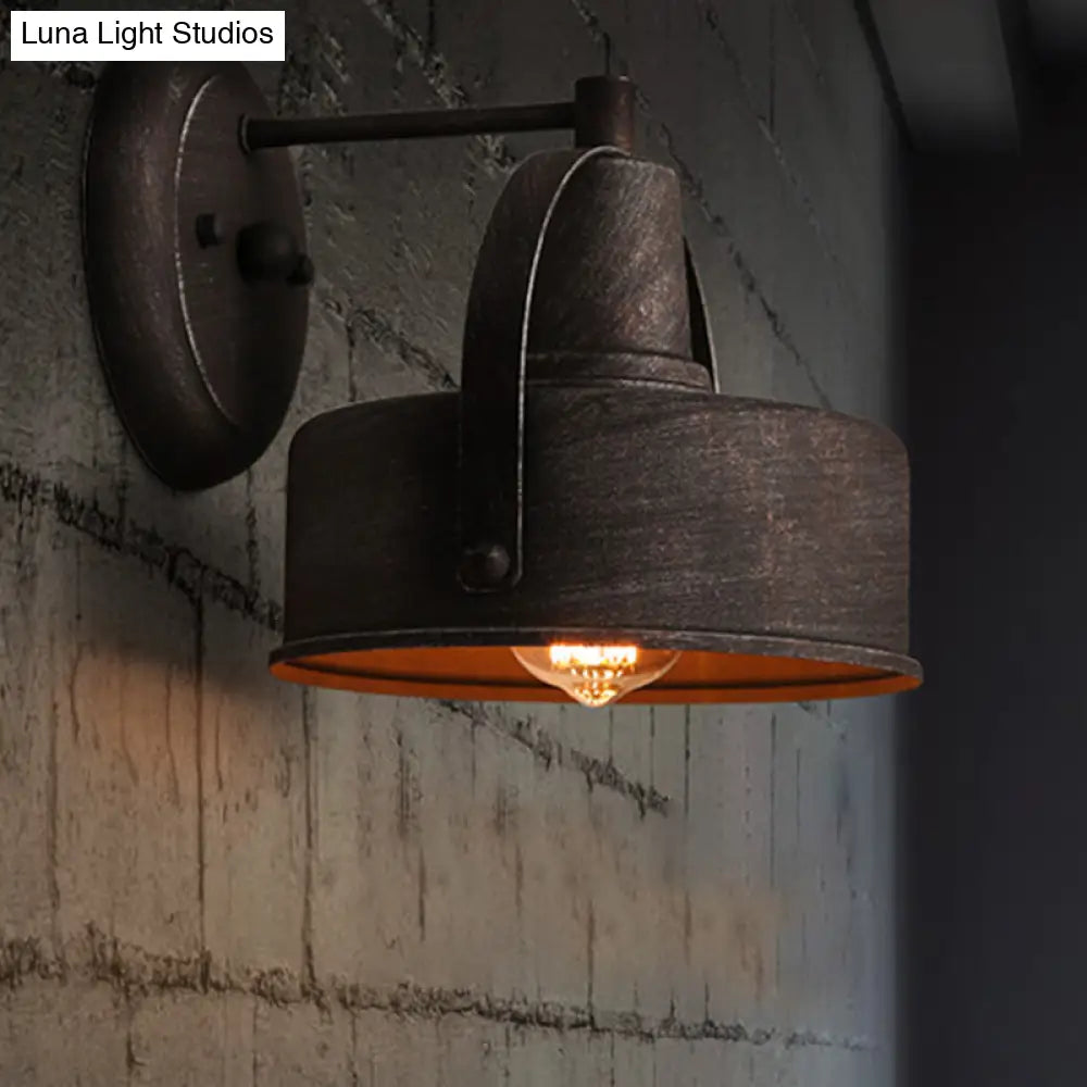 Aplique de pared antiguo de metal negro con pantalla cilíndrica/en forma de trompeta - Lámpara de pared rústica retro, 1 luz