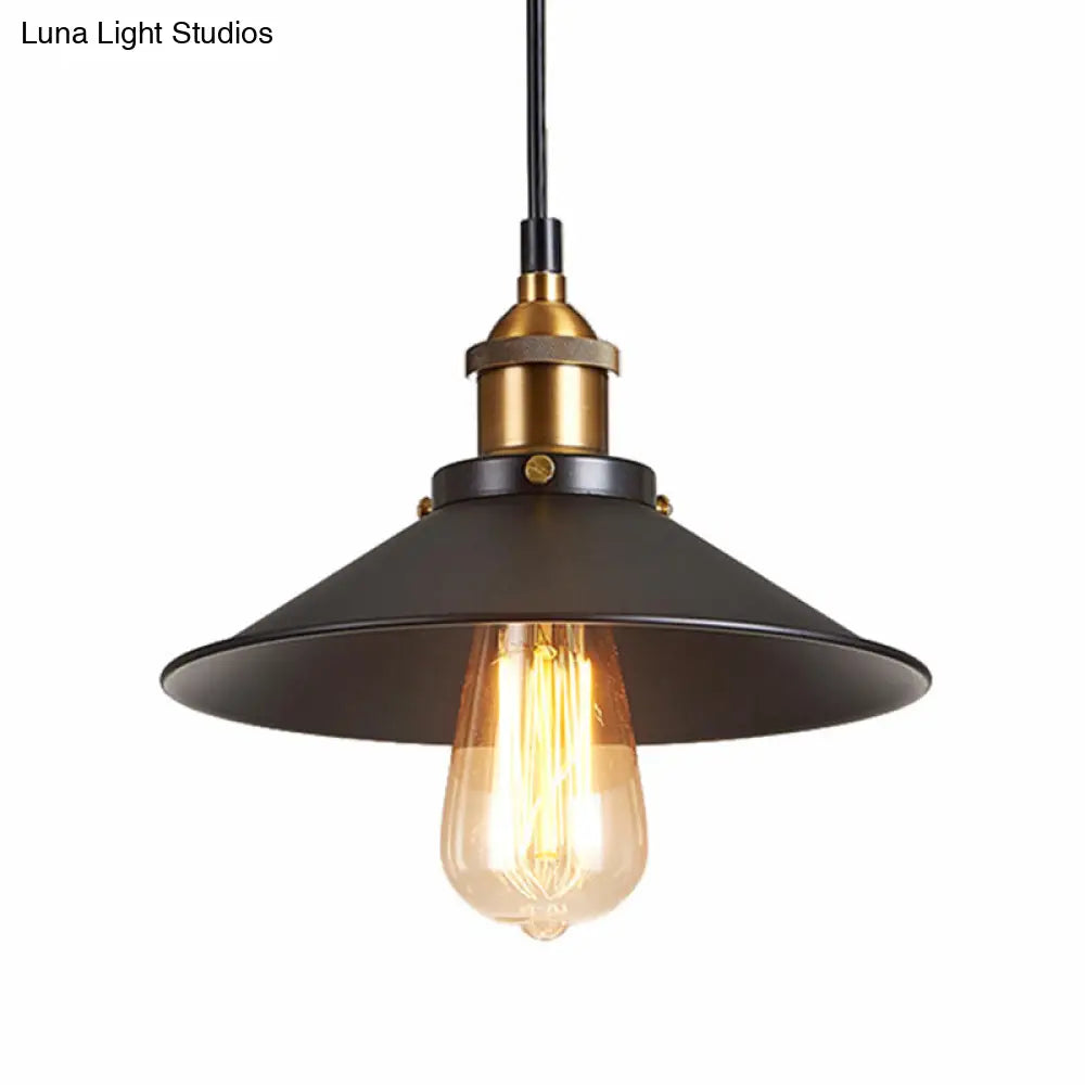 Antique Black Pendant Light: Metallic Cone Shade, 1-Light Hanging Fixture for Restaurants