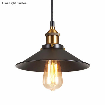 Antique Black Pendant Light: Metallic Cone Shade, 1-Light Hanging Fixture for Restaurants