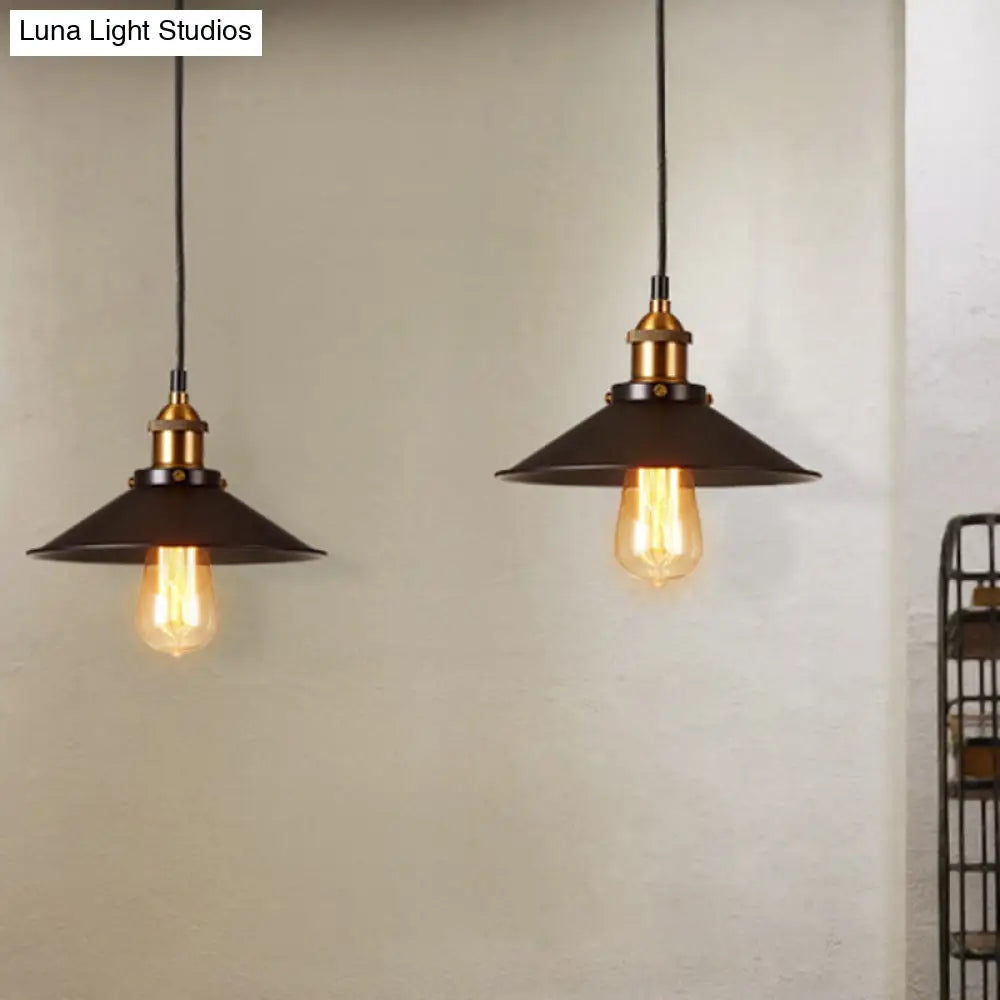 Antique Black Pendant Light: Metallic Cone Shade, 1-Light Hanging Fixture for Restaurants