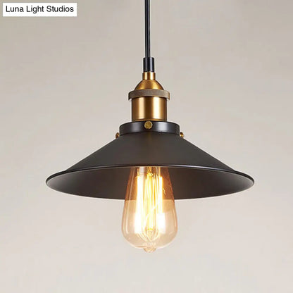 Antique Black Pendant Light: Metallic Cone Shade, 1-Light Hanging Fixture for Restaurants