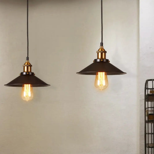 Antique Black Pendant Light: Metallic Cone Shade, 1-Light Hanging Fixture for Restaurants