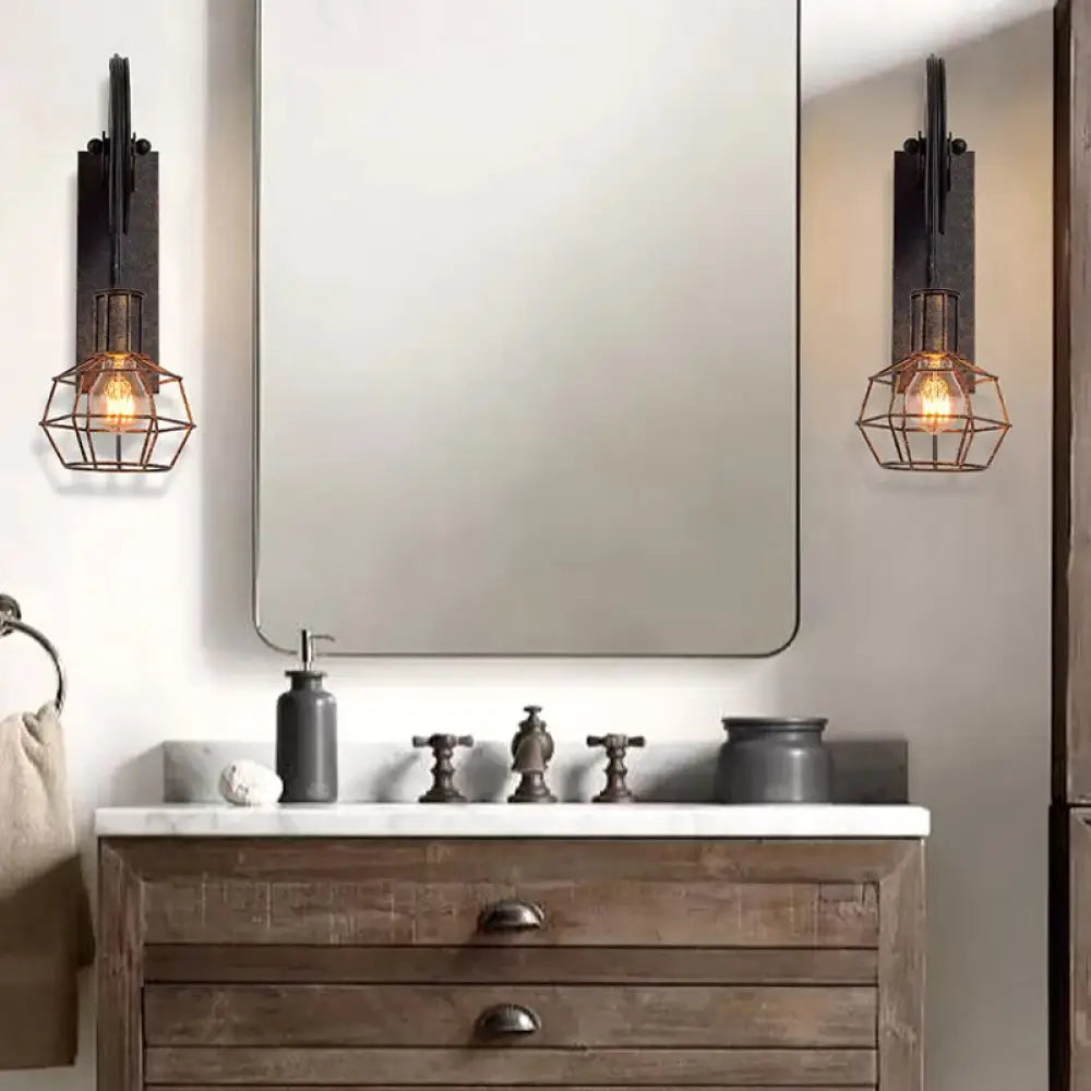 ديكوربايتس™ مصباح حائطي أسود عتيق مزود بكرة واحدة - قفص سلكي من الحديد الصناعي لإضاءة المطاعم