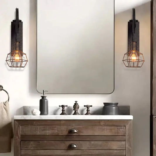 DecorBites™ Antique Black Single Pulley Wall Light - Industrial Iron Wire Cage for Restaurant Lighting