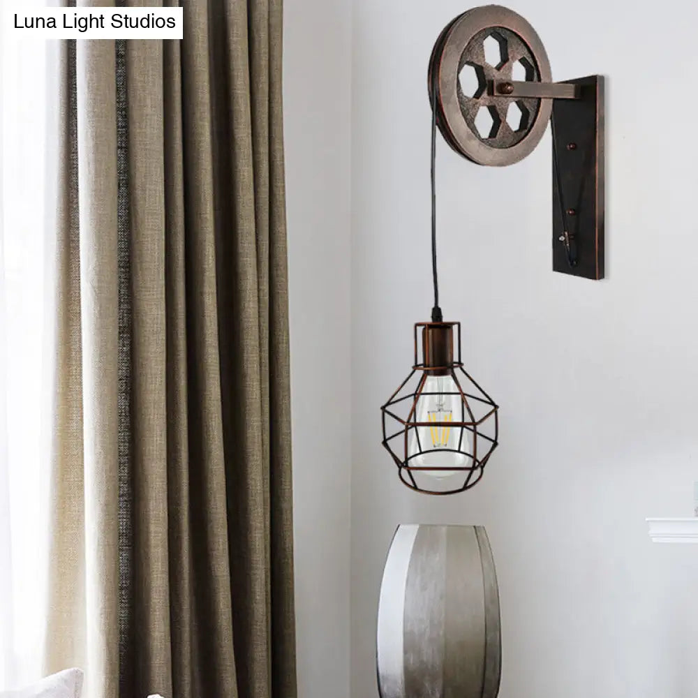 ديكوربايتس™ مصباح حائطي أسود عتيق مزود بكرة واحدة - قفص سلكي من الحديد الصناعي لإضاءة المطاعم