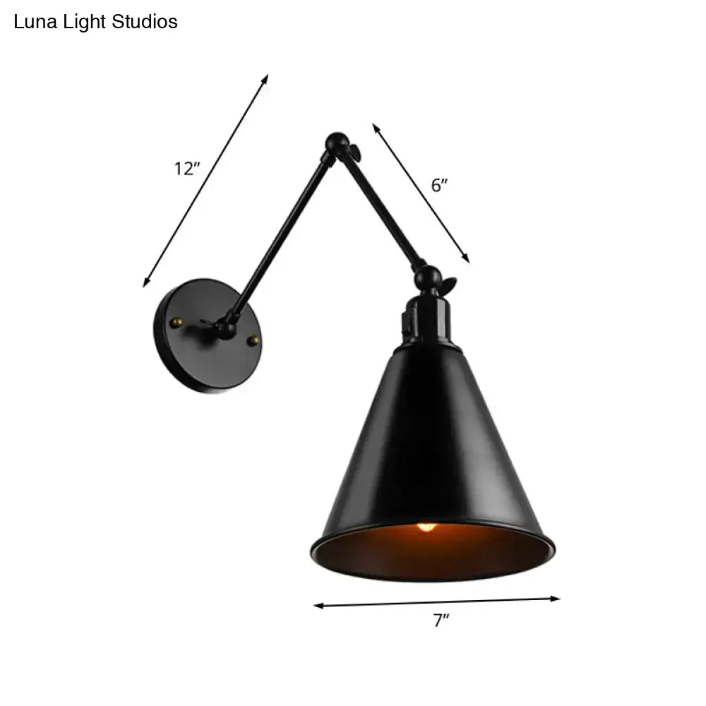 Decorbites stylish direct wired wrought iron wall sconce in black with conical shade and adjustable arm industrial style