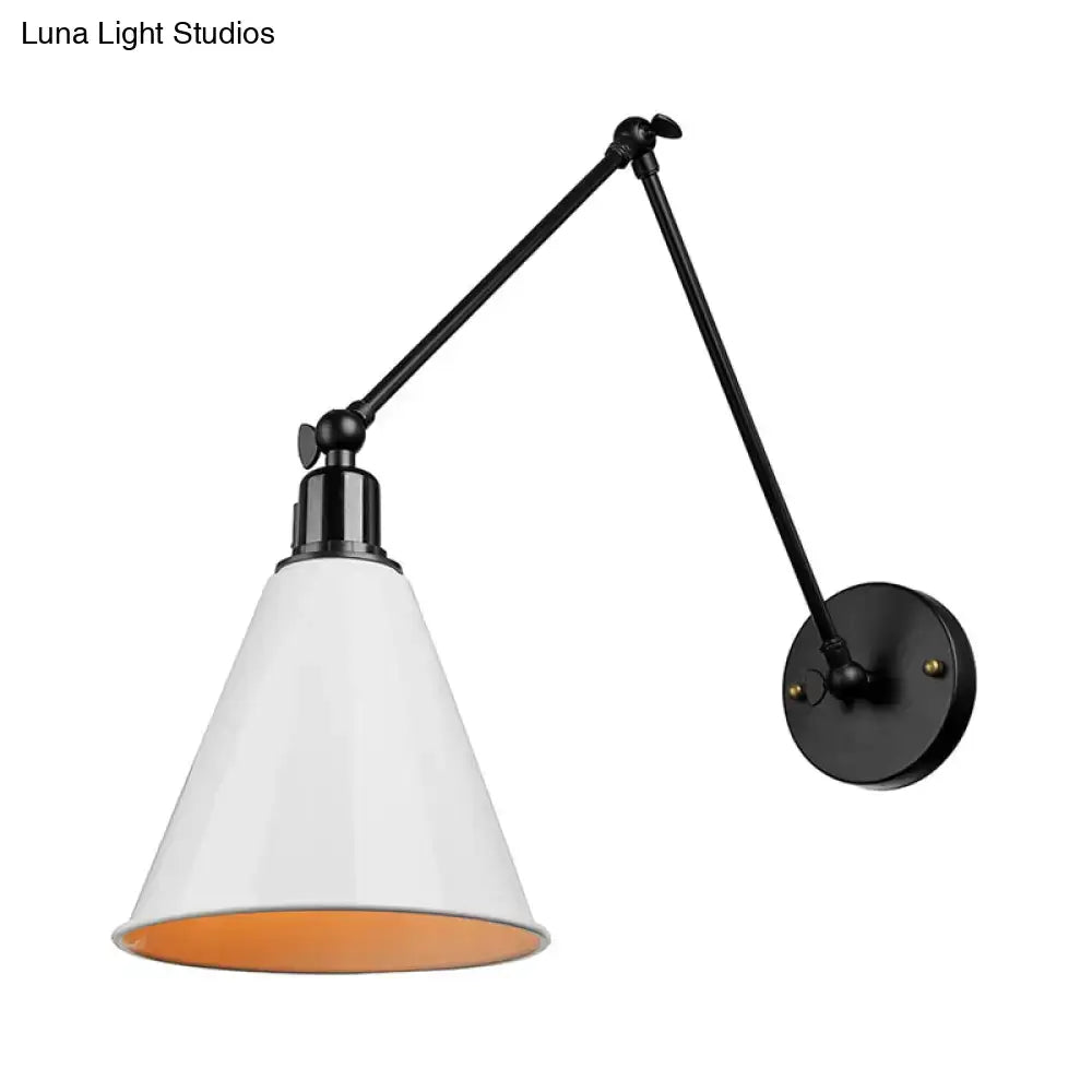 Black wrought iron DecorBites™ direct wired articulated wall sconce with white cone shade and orange interior