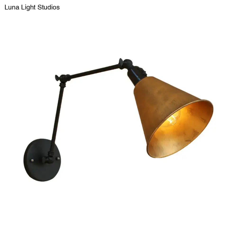 DecorBites™ wrought iron direct wired wall sconce with black articulated arm and brass cone shade in industrial style