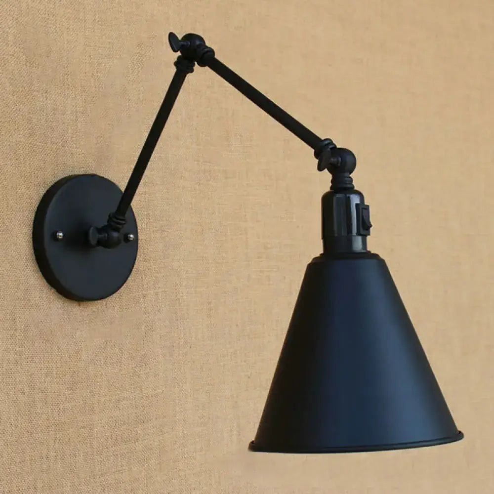 DecorBites stylish direct wired wrought iron wall sconce in black with adjustable conical shade and articulated arm