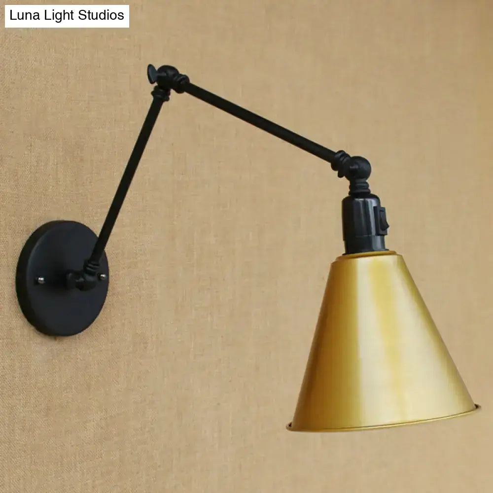 Decorbites stylish antique wrought iron direct wired wall sconce with matte black arm and polished brass shade