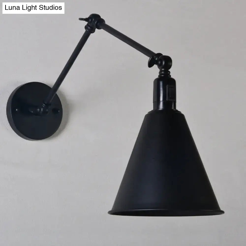 Decorbites stylish antique wrought iron direct wired wall sconce in black with conical shade and adjustable arm