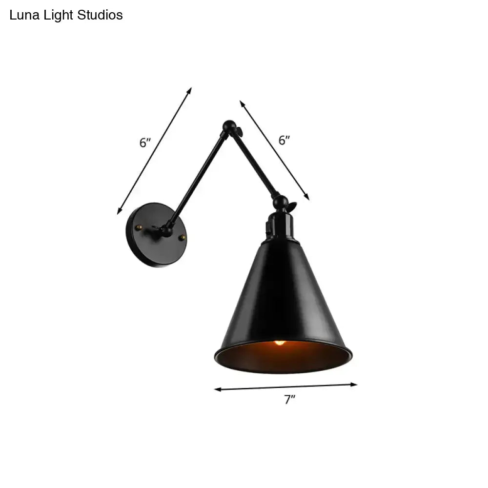 Black matte direct wired wrought iron wall sconce with conical shade and adjustable arm by DecorBites