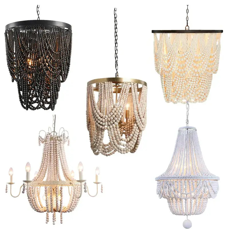 Antique black wood beaded pendant chandelier featuring a cylindrical frame with cascading dark wood beads for dining room decorbites black wood