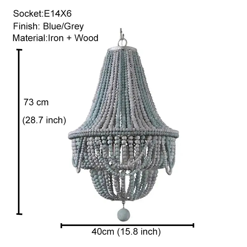 Antique black wood beaded pendant chandelier with blue grey iron and wood tiers and cascading beads for dining room decorbites black wood