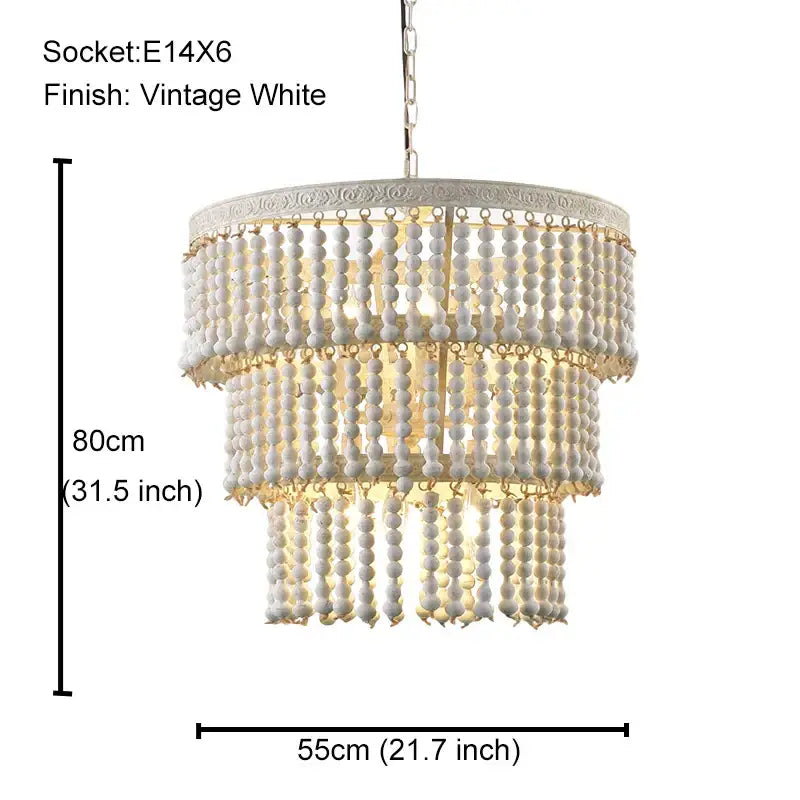Antique black wood beaded pendant chandelier with three tiers of white wooden beads and ornate metal accents for dining room decorbites black wood