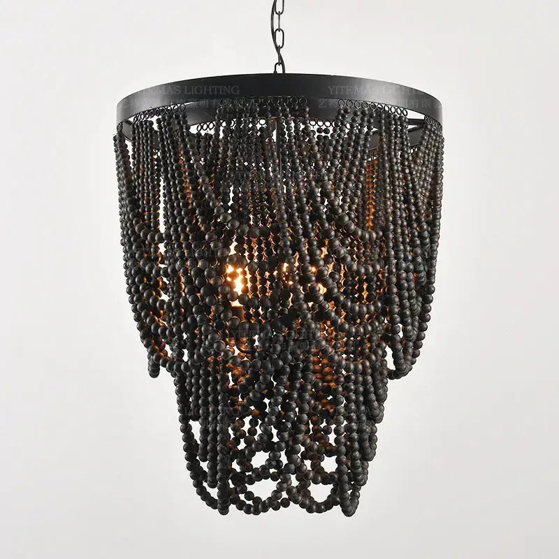 Antique black wood beaded pendant chandelier with cascading wooden beads and metal frame for dining room decorbites black wood