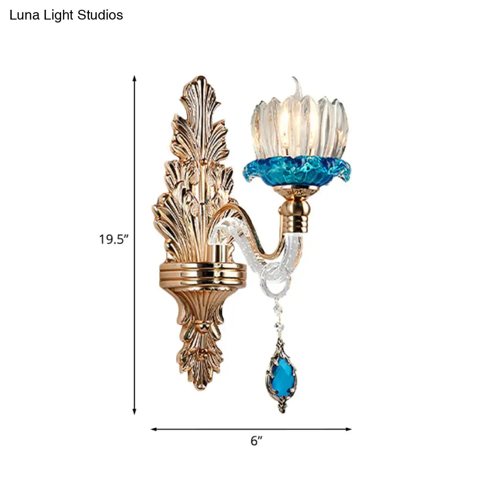 Lámpara de pared antigua de cristal azul con forma de capullo de flor para sala de estar