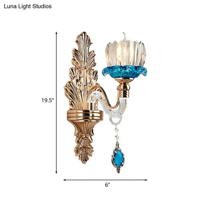 Lámpara de pared antigua de cristal azul con forma de capullo de flor para sala de estar