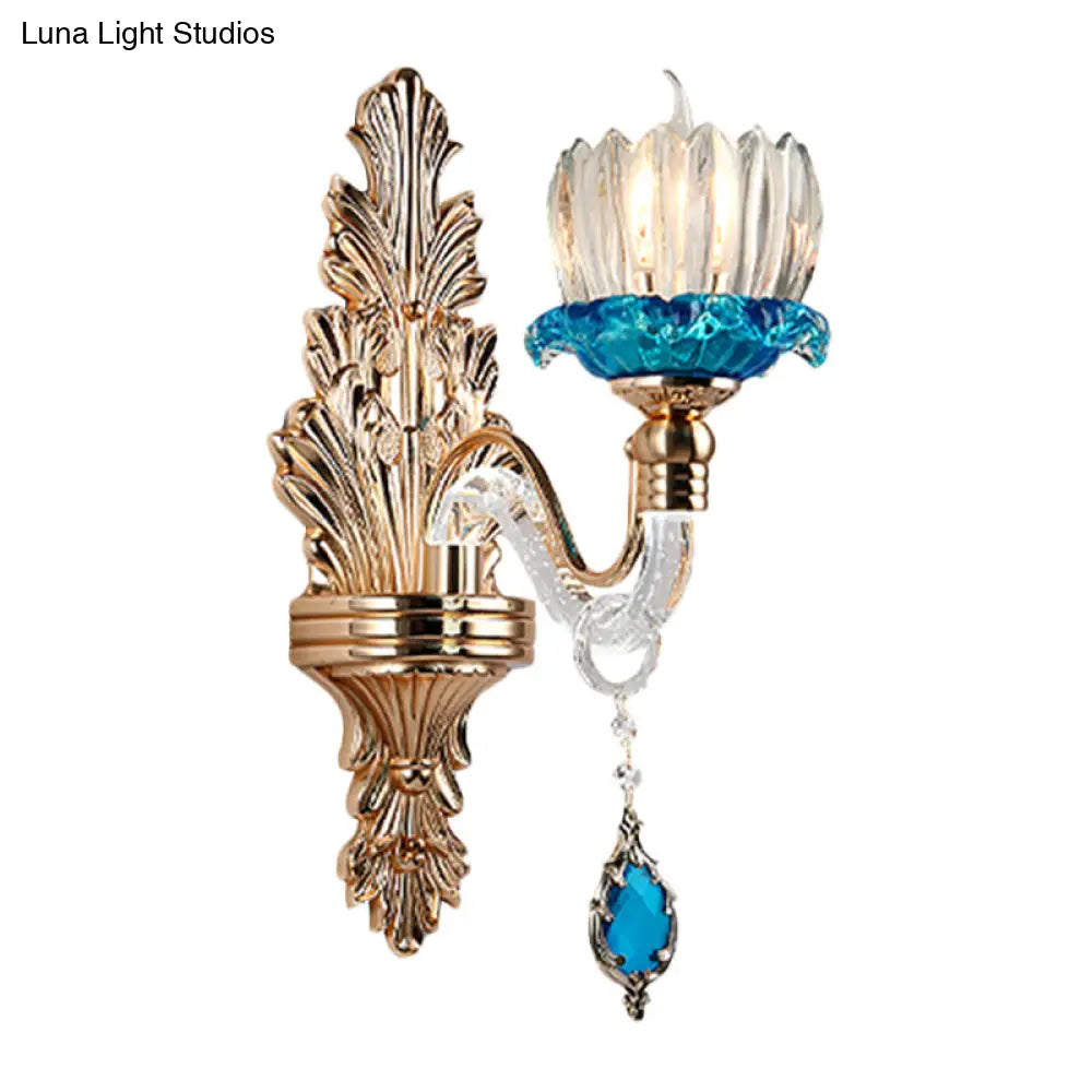 Lámpara de pared antigua de cristal azul con forma de capullo de flor para sala de estar