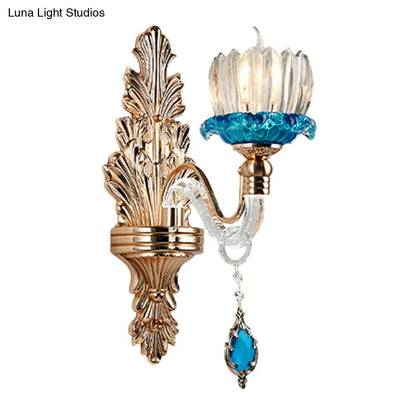 Lámpara de pared antigua de cristal azul con forma de capullo de flor para sala de estar